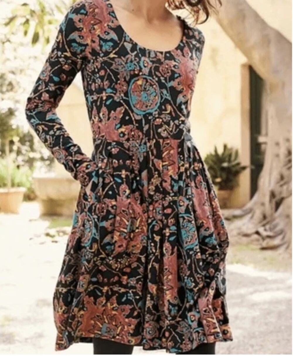 Peruvian Connection Cotton Mini Dress Women's Size XS Black Floral Long Sleeve
